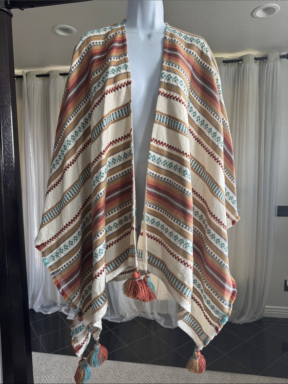 Pendleton Cream Multi-Stripe Tassel Poncho